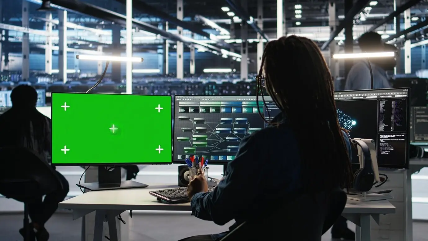 Техник дата-центра использует программное обеспечение с деревом узлов на макетном ПК для анализа наборов данных.