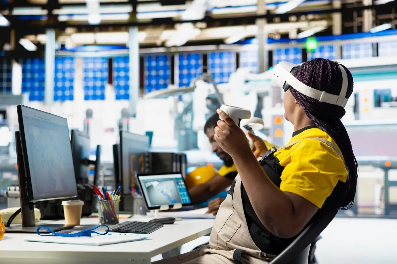 Техник на заводе по производству солнечных панелей использует очки виртуальной реальности для сборки генераторов.